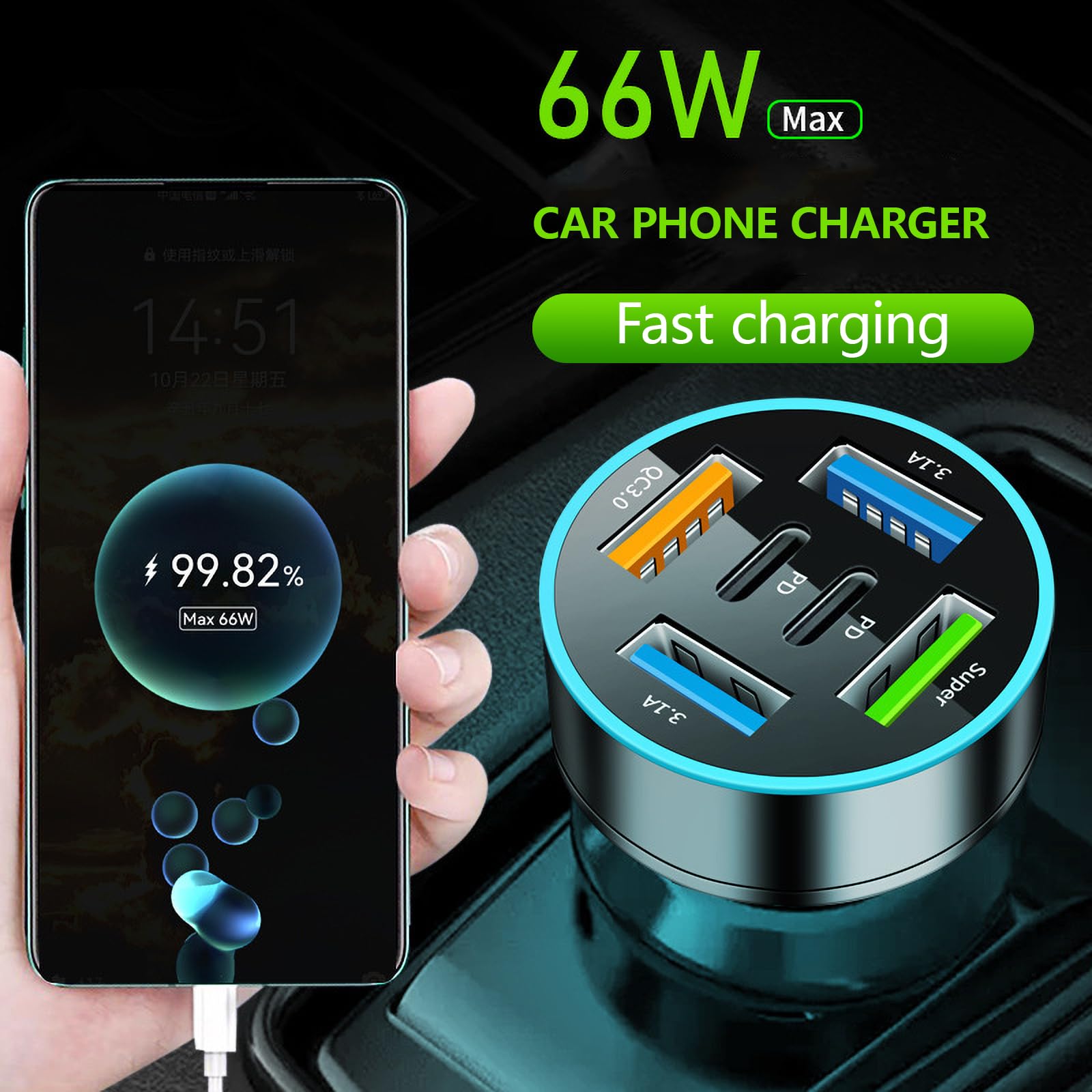 Caricabatterie Auto Rapido 66W Con Porte Multiple - Adattatore USB-A + Type-C + Super Porte - Carica Smartphone, Tablet, Laptop - Protezione Intelligente