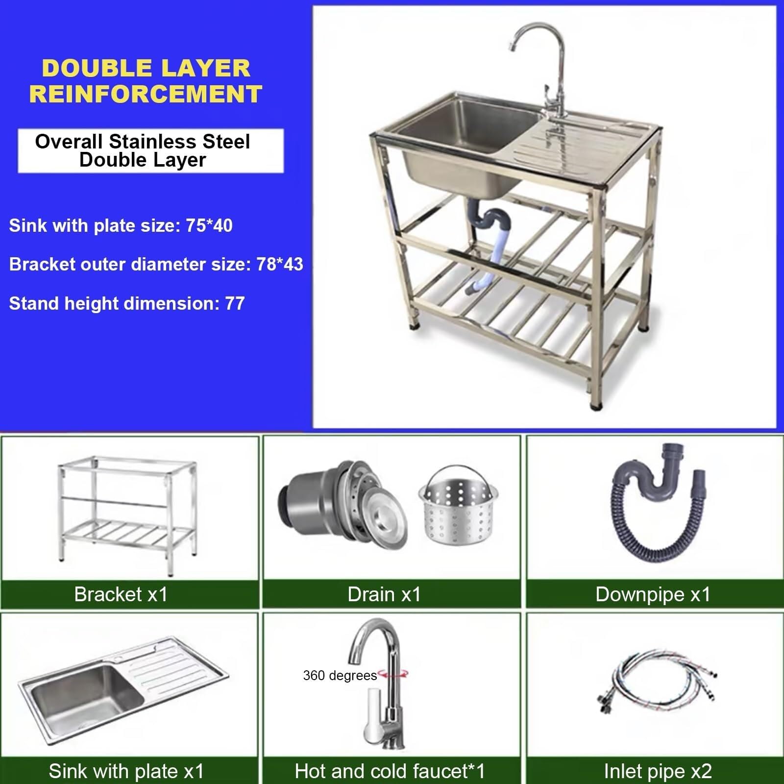 SDdPulse Fregadero comercial de acero inoxidable con grifo y estantes de almacenamiento dobles para cocina, lavandería y garaje, caliente y frío, 78 x 43 x 77 cm