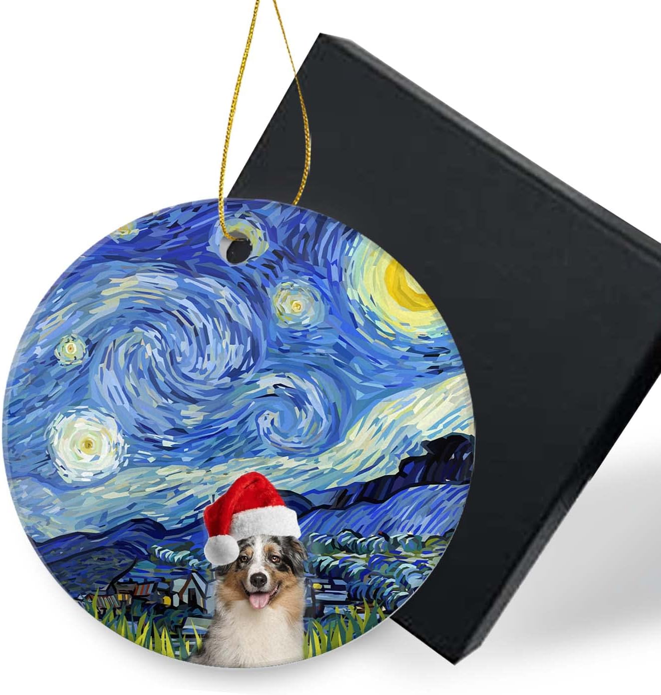 Dog Christmas Ornaments 2022-Starry Night Aussie Shepherds Christmas Tree Ceramic Ornament Decoration Gifts Keepsake for a Dog Lover Xmas Ornament 3 inch with Gift Box