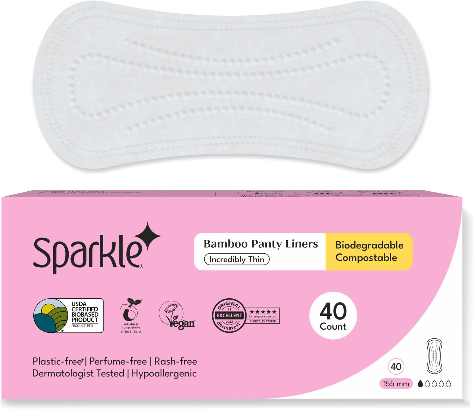 Sparkle Bamboo Panty Liners for Women, Plant-Based Daily Pantyliners | Organic Panty Liner | Pads for Women | Softer Than Cotton Panty Liners | Unscented, Chlorine Free, Flexible (Incredibly Thin, 20 Count)