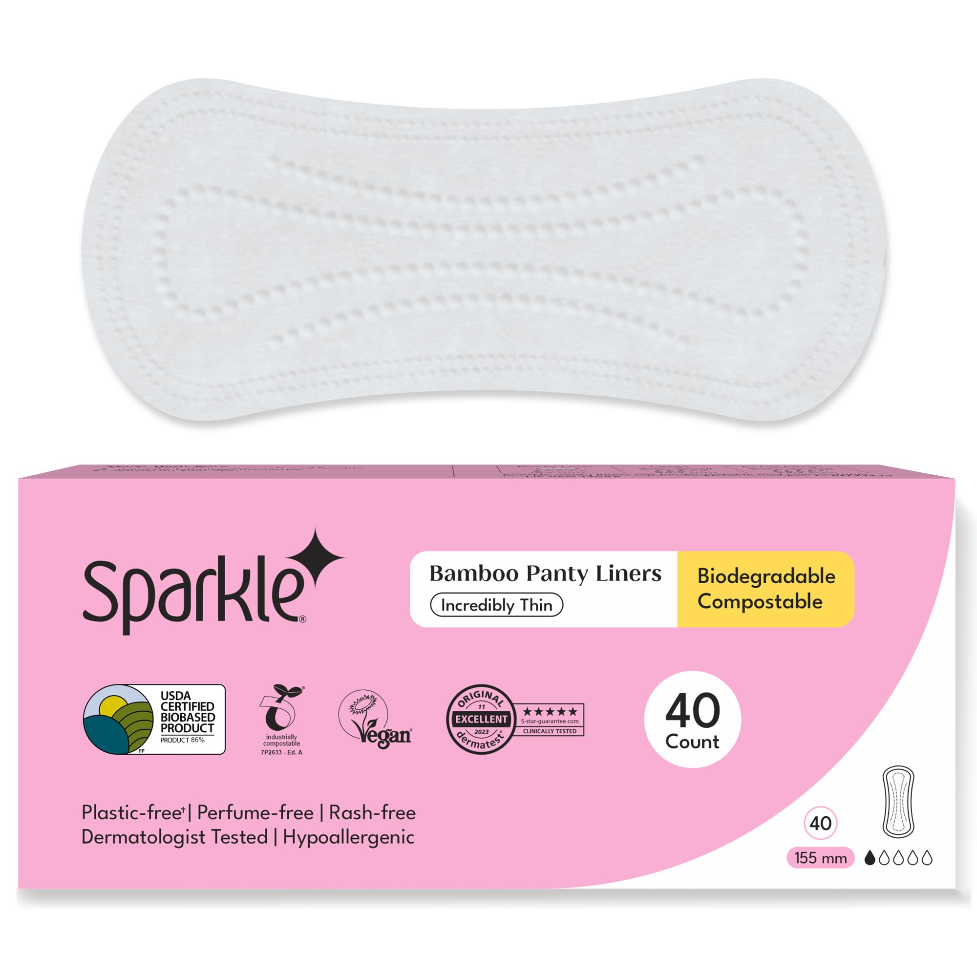 Sparkle Bamboo Incredibly Thin Panty Liners | Plant Based, Flexible & Comfortable Panty Liners for Women | Ideal for Everyday Discharge & Spotting | USDA Certified Biobased & Chlorine-Free | 40 Count