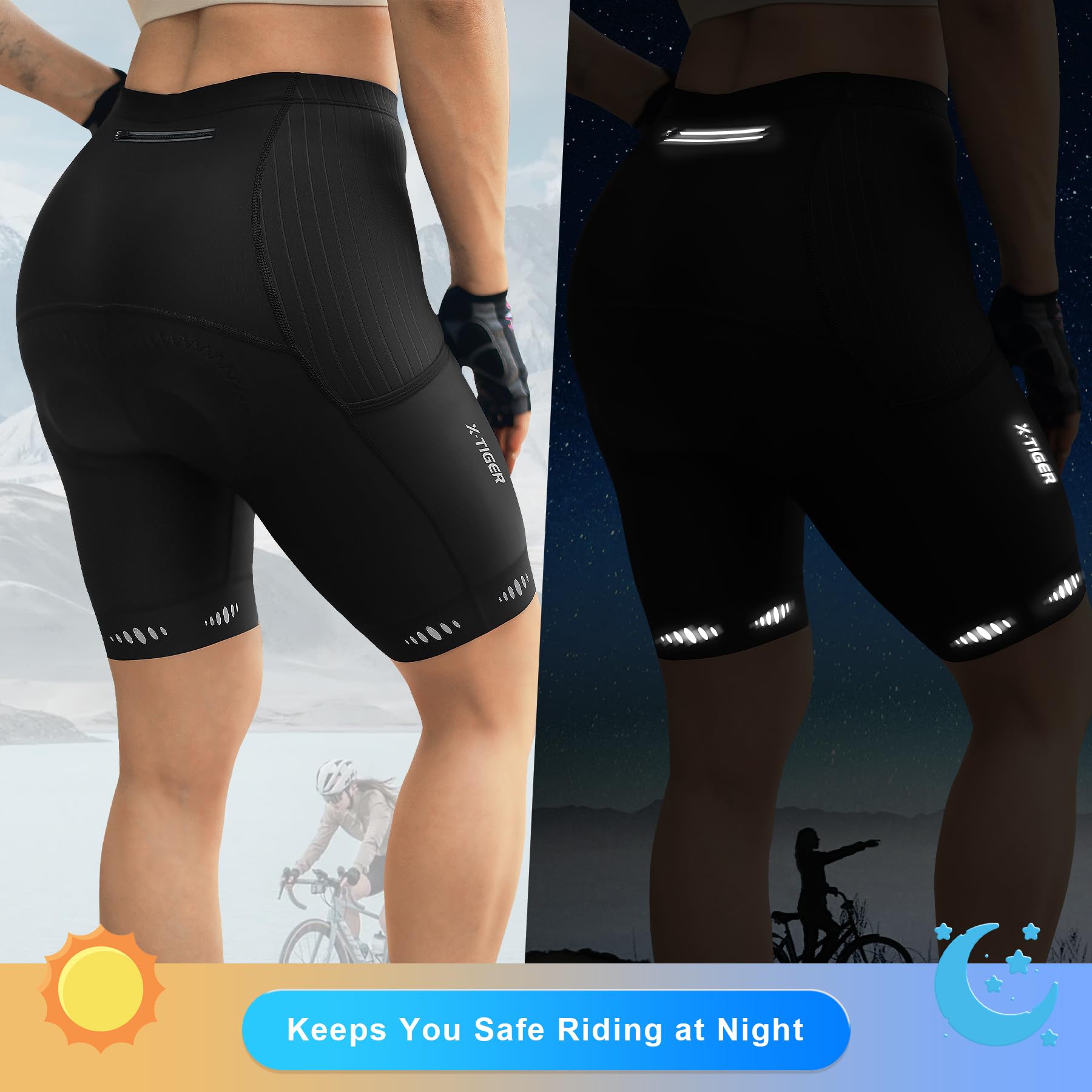 X-TIGER Radlerhose Damen mit Sitzpolster 5D Gepolster Fahrradhose Damen Kurz Schnell Trocknende Atmungsaktive Radhose Damen mit 3 Tasche