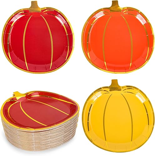 Whaline 48 platos de papel de calabaza de otoño, platos desechables con forma de calabaza dorada, platos desechables rojos, naranjas, amarillos,