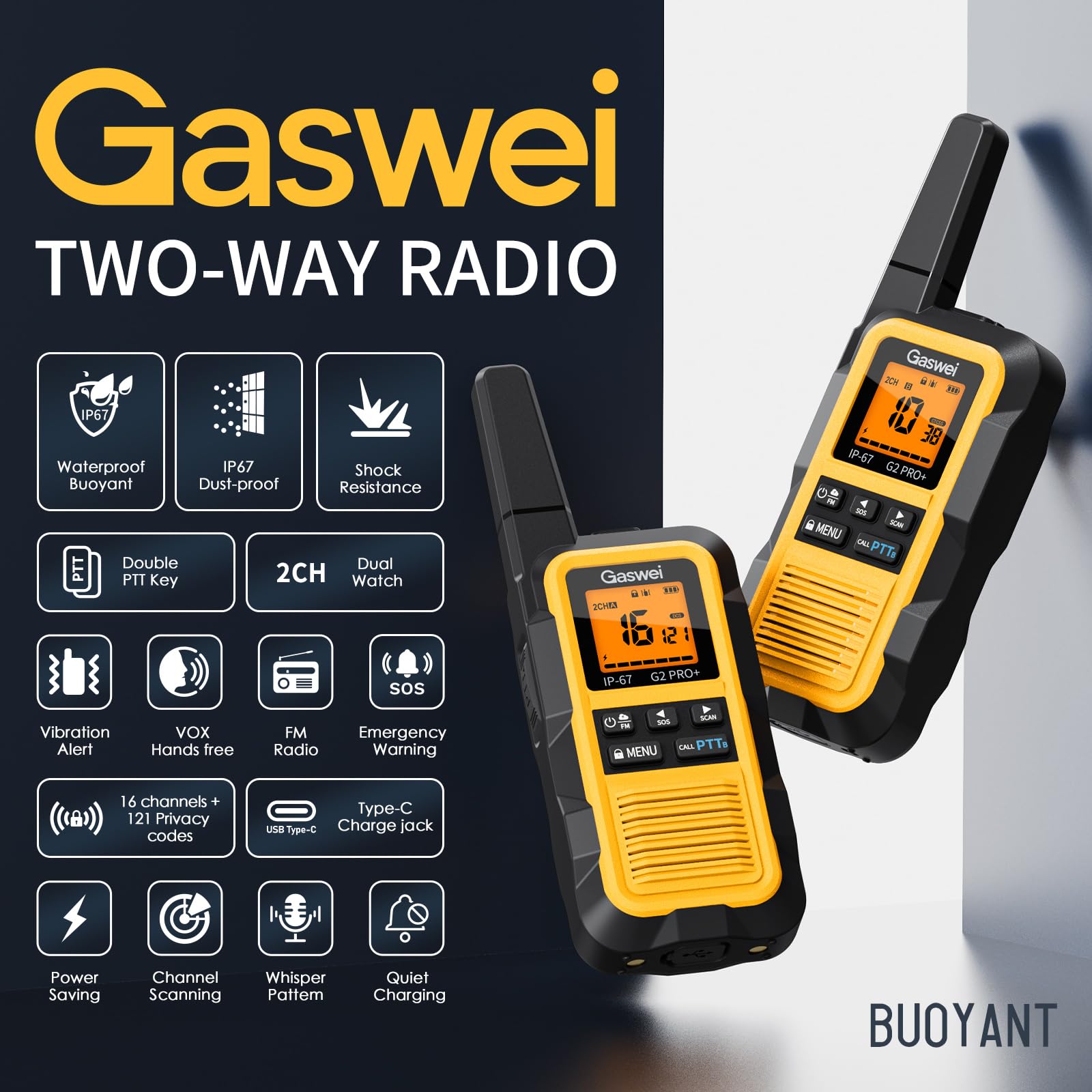 IP67 Waterproof & Floats with Dual PTT | G2Pro Professional Long Range Walkie Talkies for Adults 2 Pack | SOS Alarm, FM Radio, Rechargeable for Outdoor, Camping & Work (Yellow) — view 2