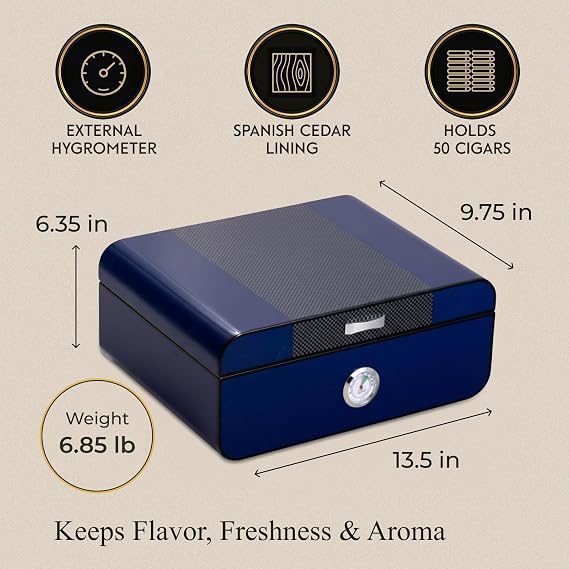 Bey-Berk Landon Carbon Fiber Cigar Humidor (Blue), Spanish Cedar Lined 50-Cigar Box with External Hygrometer