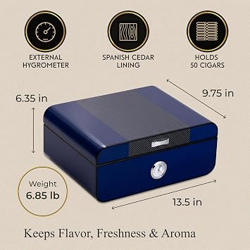 Bey-Berk Landon Carbon Fiber Cigar Humidor (Blue), Spanish Cedar Lined 50-Cigar Box with External Hygrometer
