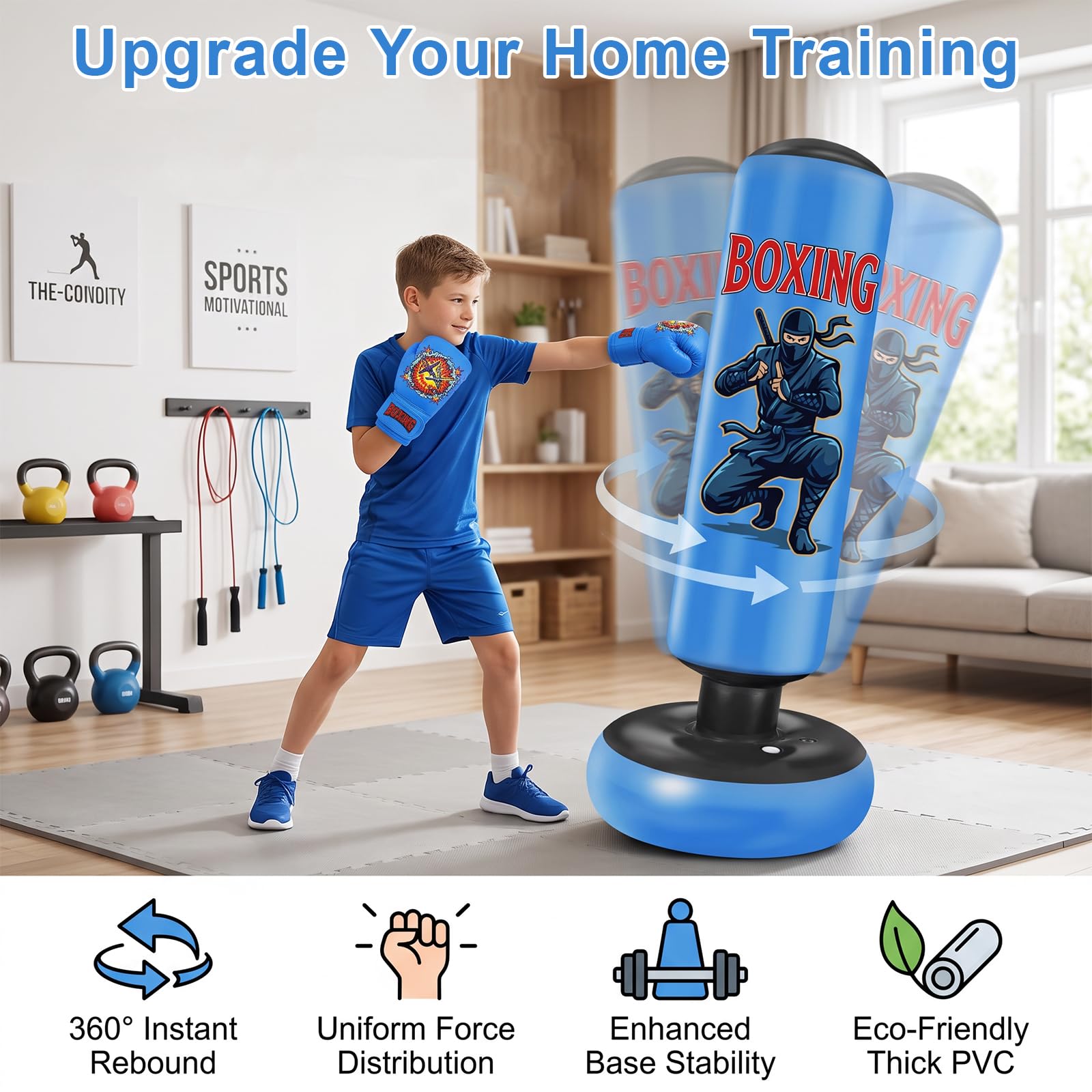 Ninonly Sacco da Boxe 165cm per Bambini Ragazzi con Guanti da Boxe e Pompa | Blu Sacco da Boxe da Terra per Karate MMA Kickboxing Taekwondo Muay Thai, PVC Resistente Punchball per Allenamento a Casa