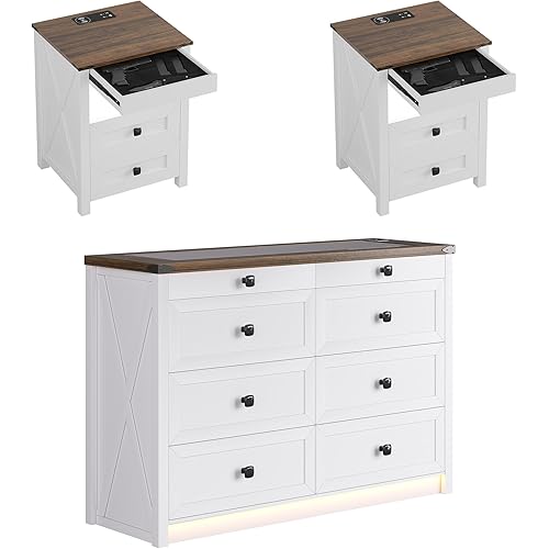 Farmhouse 8 Drawers Dresser and Nightstand Sets for Bedroom, Tall Wood Chest of Drawers with LED Light/Charging Station/Human Sensor,Clothes Dressers for Closet,Living Room,Hallway,bookcase（White Set）