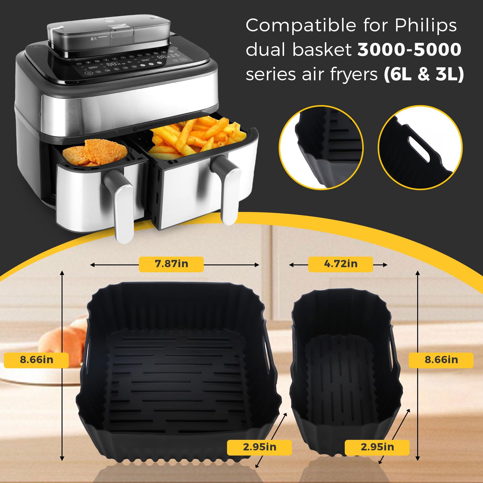 Airfryer Zubehör für Philips Airfryer Dual Basket 3000 Series und Steam Airfryer 5000 Series Dual Basket — 23-teiliges Airfryer-Silikonform-Zubehörset mit Edelstahl-Grillrost und Edelstahl-Spießhalter