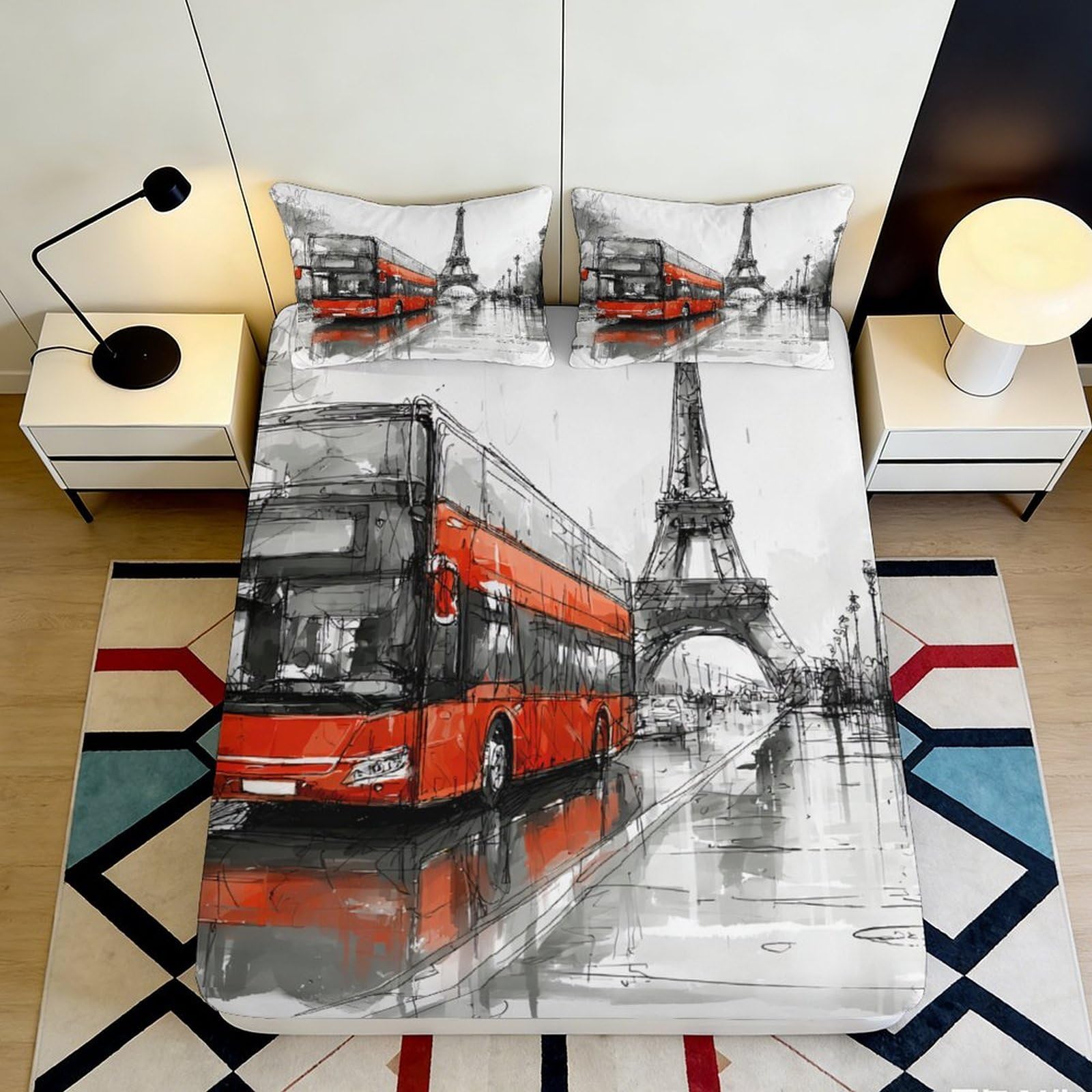 Uynsixtme Style-1 3D Printed City Bus Fitted Sheet Microfiber Deep Pocket Bedroom Bedding Paris Landmark Mattress Fitted Cover Non-Slip Elastic Hem Washable For Adults & Teens 90X200x25cm