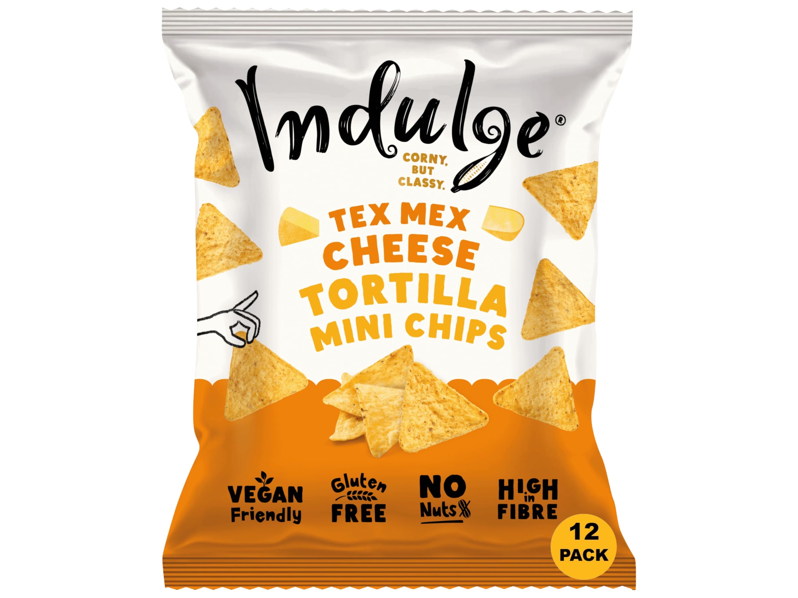 Indulge Tortilla Mini Chips - Tex Mex Cheese Flavour - Gluten Free, Low Salt, Low Fat, Nut Free, Vegan - 20g x 12 bags (20g (Pack of 12), Tex Mex Cheese)