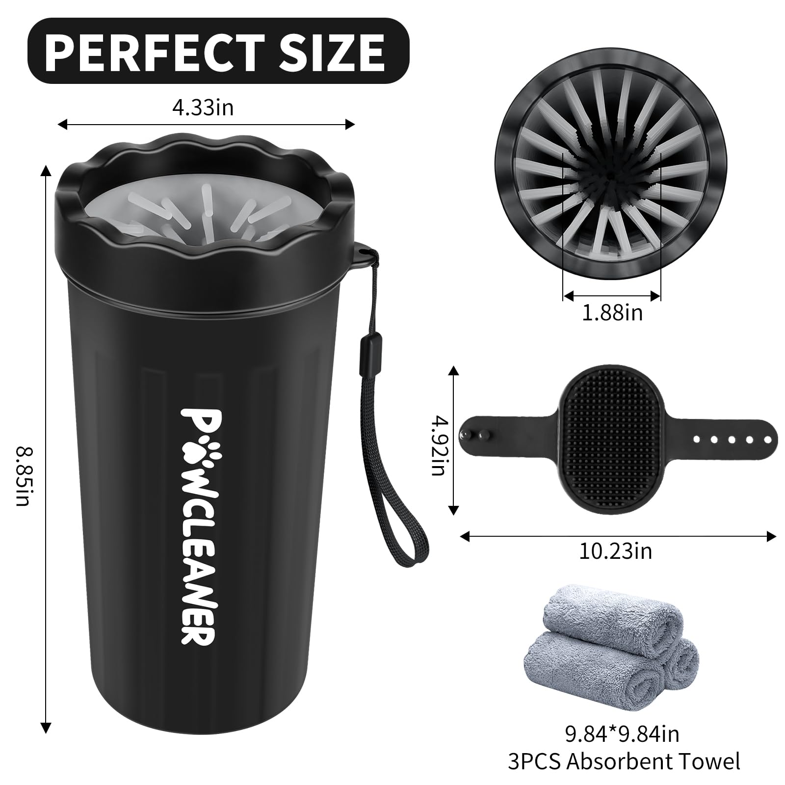 Comotech Limpiador de patas de perro con cepillo de baño y 3 toallas absorbentes, mango de anillo ajustable para perros y gatos de pelo largo y corto (grande, negro)