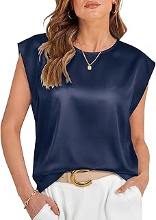 Womens Silk Satin Tops Summer Cap Sleeve Shirts Dressy Crew Neck Tank Tops Loose Business Casual Blouse