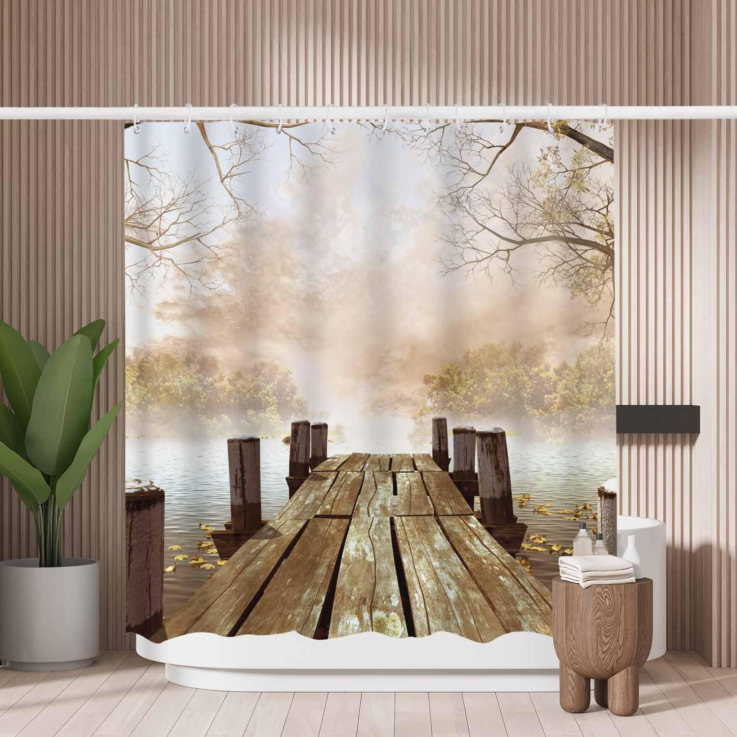 Woutay Shower Curtain Water Repellant Fabric Lakeside Scenery,Mould Proof Resistant,Polyester,with 12 Plastic Hooks