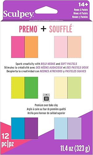 Sculpey Paquete múltiple  Premo Neons + Souffle Pastels  24 barras de colores únicos, paquete de muestreo, no tóxico, proyectos de modelo de