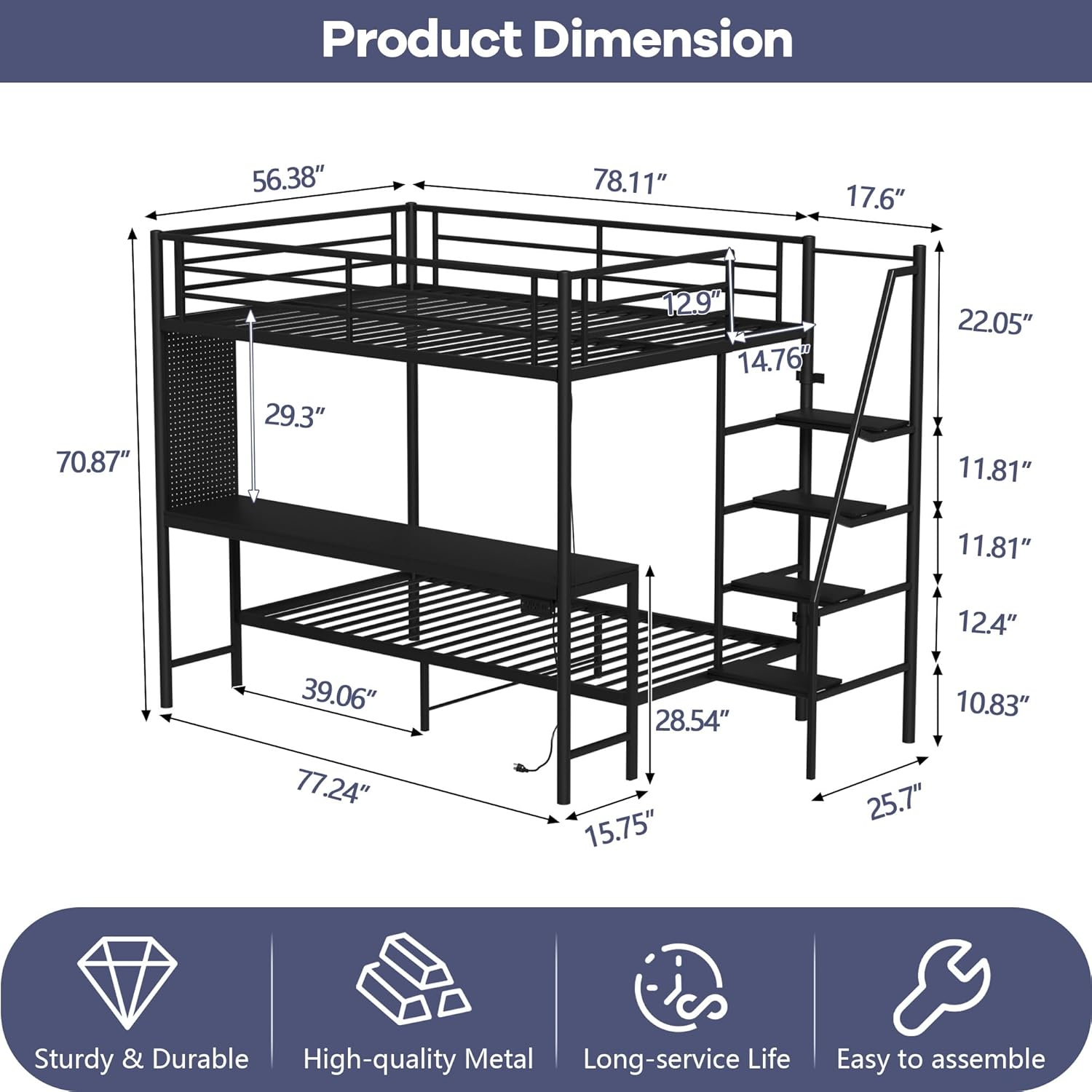 Full Over Twin Bunk Bed with Built-in Desk, LED Lights & Charging Station, Heavy Duty Metal Bed Frame with Staircase & Safety Guardrails, Space Saving Bunk Beds with Study Area for Teen/Adult (Black)