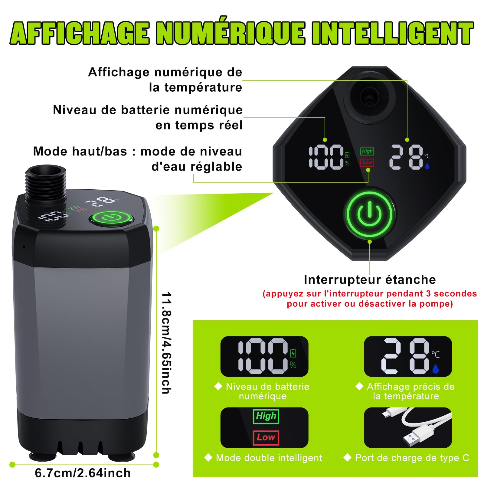 Spopal Kit Douche de Camping, Douche Portable,Pompe de Douche Électrique Rechargeable,Imperméable, avec Afficheur Intelligent et Pomme de Douche 4 Modes pour Extérieure,Camping,Randonnée