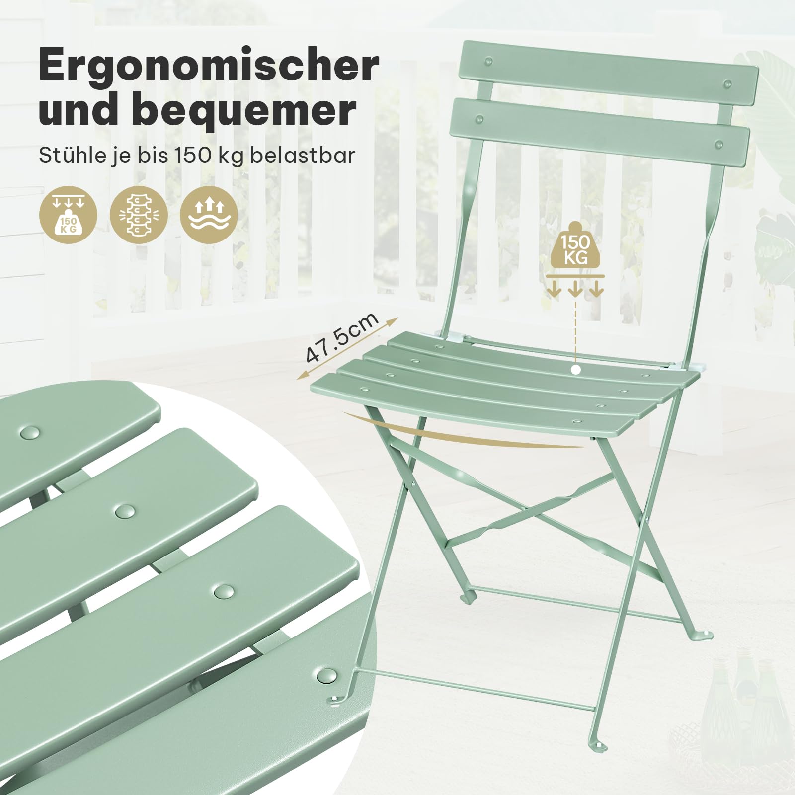 eSituro Balkonmöbel 3-teilig, Bistrotisch mit 2 Stühlen, Gartenmöbel Terrassenmöbel Set klappbar, Sitzgruppe Outdoor Garten Balkon, Metall, Grün