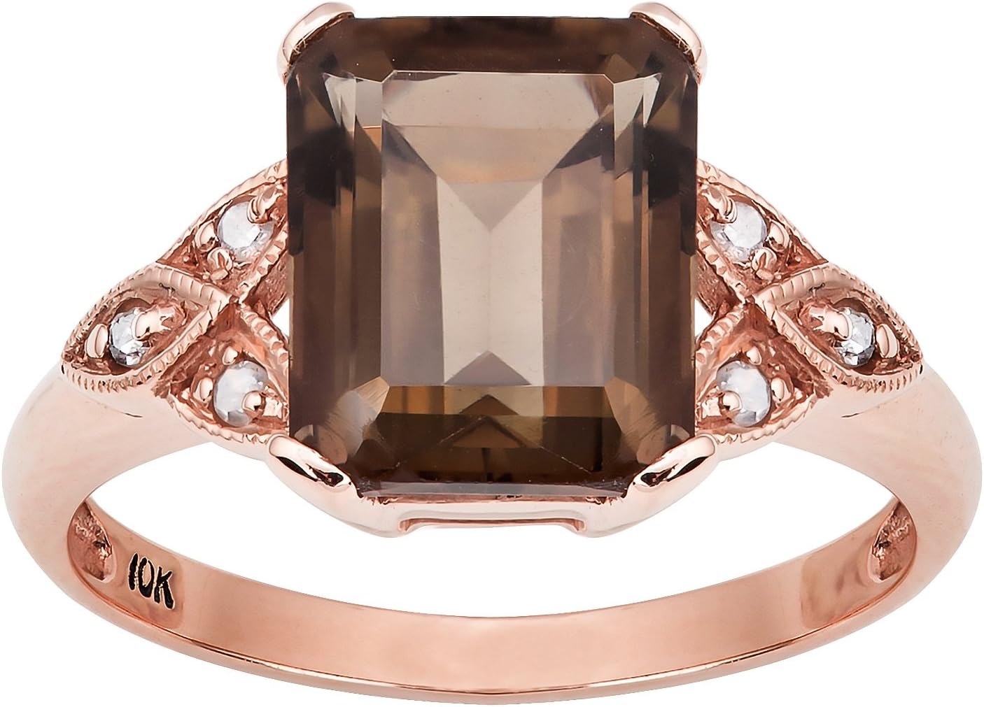 10k Rose Gold Vintage Style Genuine Emerald-cut Smoky Quartz and Diamond Ring