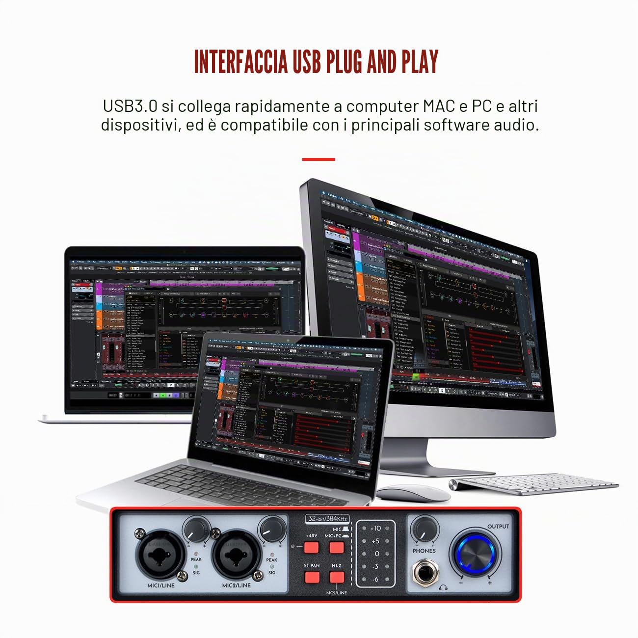 Interfaccia Audio USB 2 in 2-out, 32 Bit/384 kHz DSP, Registrazione Scheda Audio Mixer Audio per Home Studio può Collegare Microfono a Condensatore da 48 V, NMX02-RED