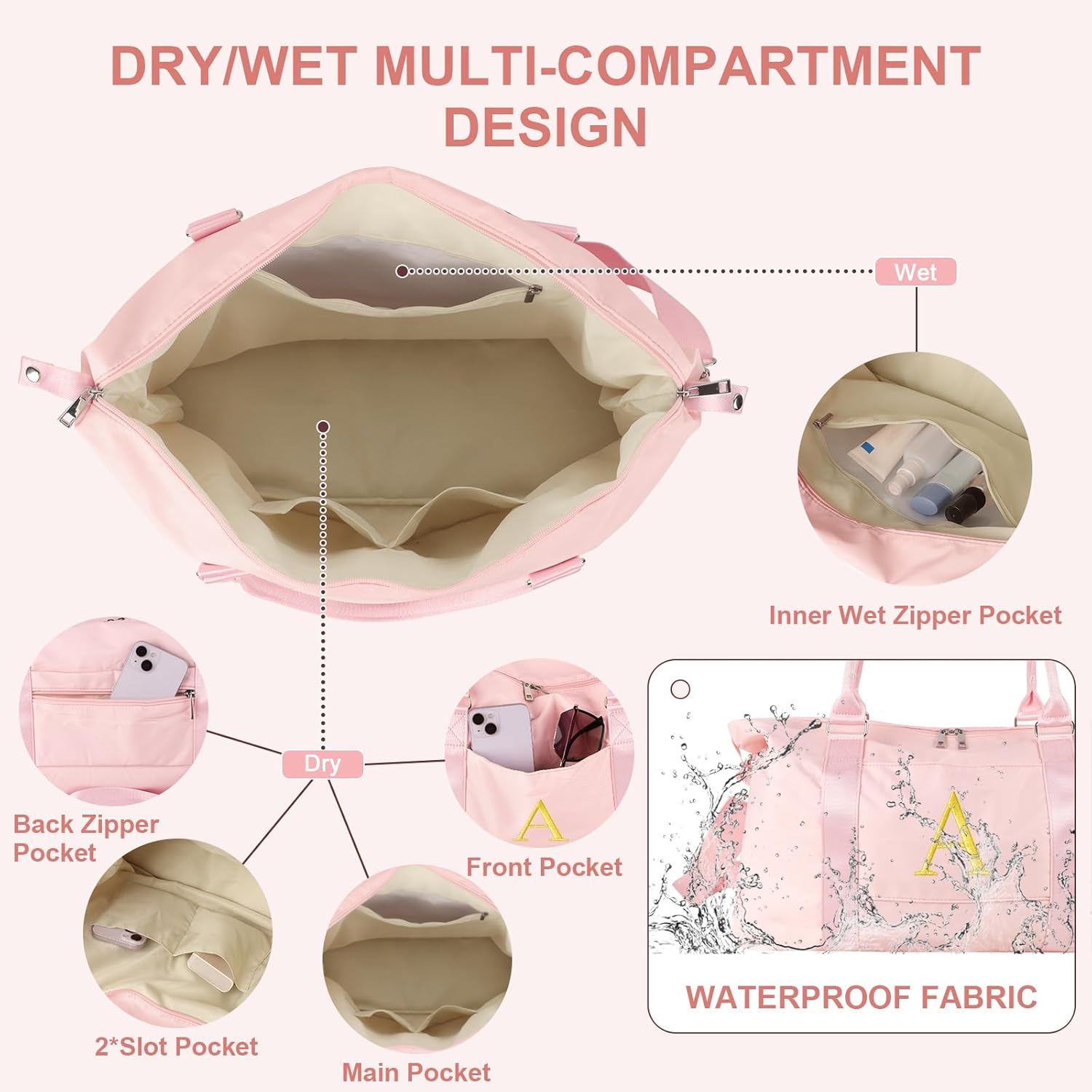 Personalized Initial Gym Dance Bag, Travel Duffel Bag for Teen Girls, Carry On Bag Overnight Weekender Bag with Trolley Sleeve, Birthday Gifts for Women Mom Daughter Graduation Gift(Letter A, Pink) - Image 4