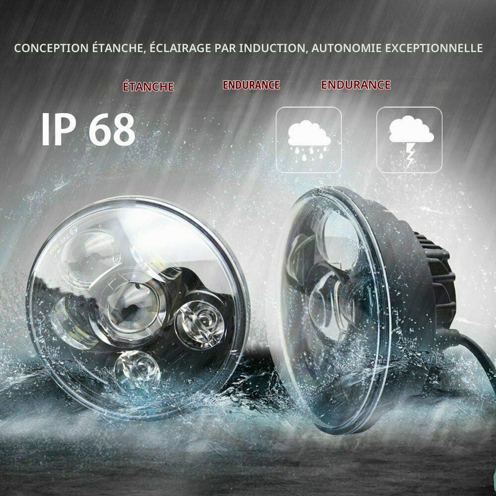 Riloer H4 Moto 5.75" Phare de Projection LED Rond, 6000K Étanche Super Lumineux Moto Feu de croisement Feu de croisement Compatible avec Harley-Davidson, Blanc