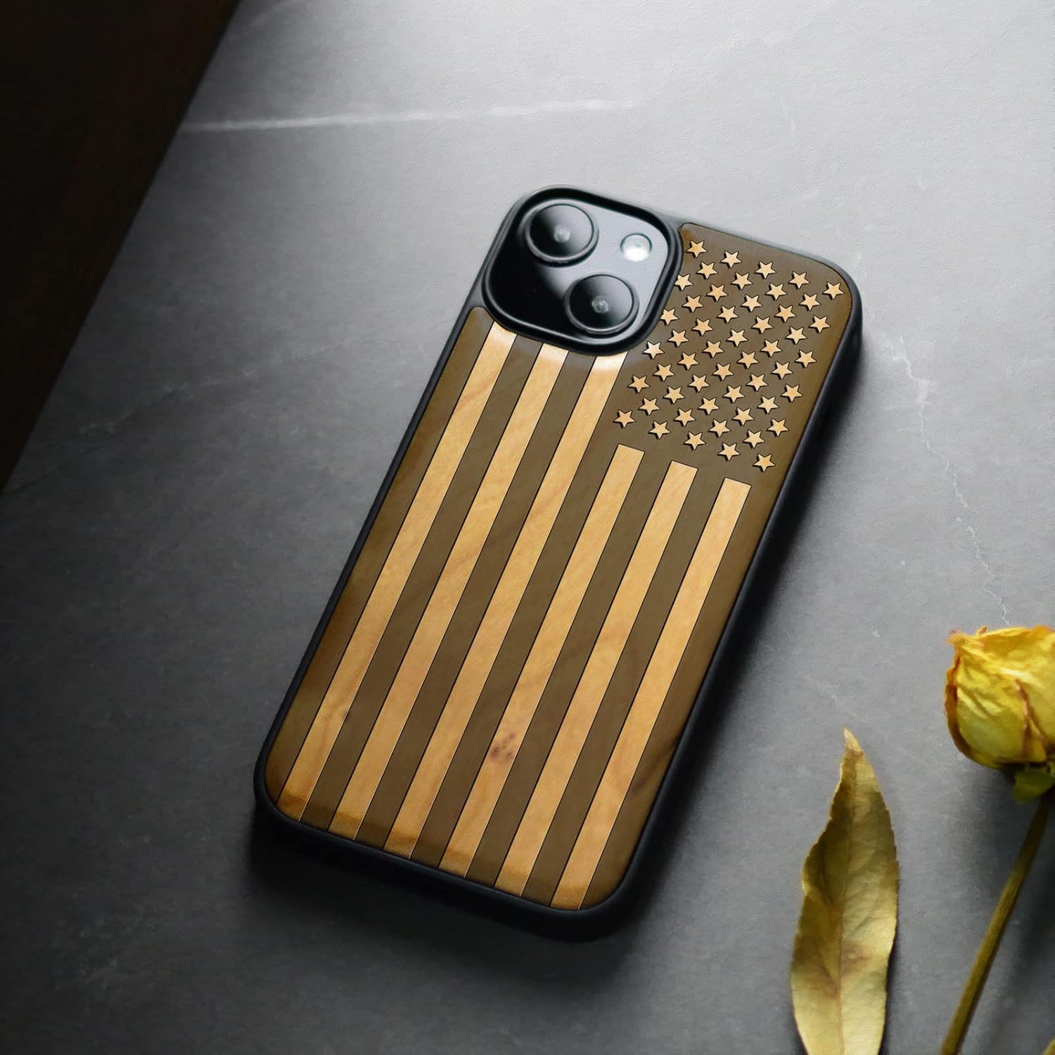 Carveit Magnetic Wooden Case for iPhone 15 Plus Case, Compatible with MagSafe Wireless Chargers, Black Soft TPU Shockproof Cover & Wood Artisan Engraved (American Flag - Cherry)