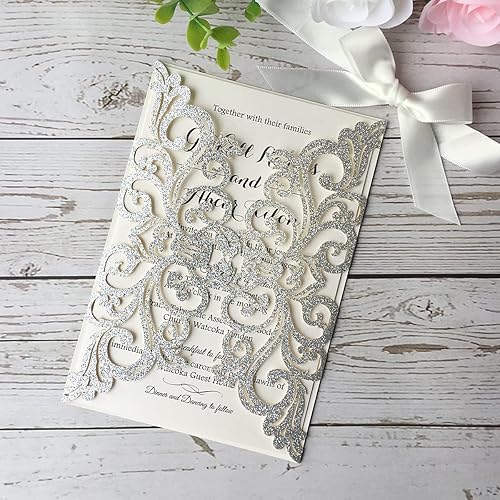 Miniatura 6 de 50 kits de invitación de boda con purpurina plateada de 5 x 7.3 pulgadas, corte láser, bolsillo floral hueco, invitaciones de boda impresas