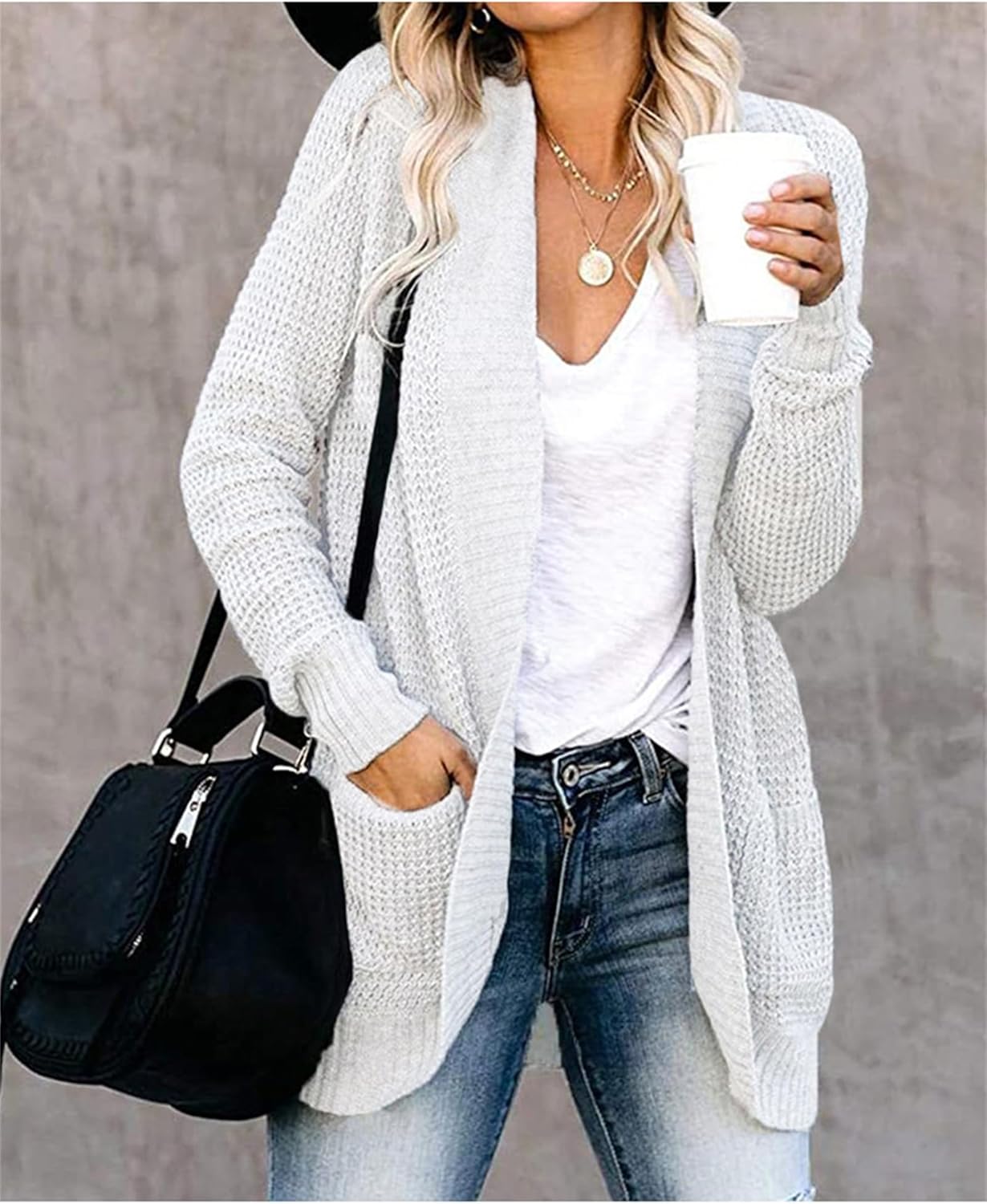 Dames Gebreid Vest,Dames Gebreide Vesten Mode Roze Kabel Jacquard Open Voorkant Truien Vest Met Zak Herfst Winter Klassiek Basic Lange Mouw Gebreide Bovenkleding Jas,S
