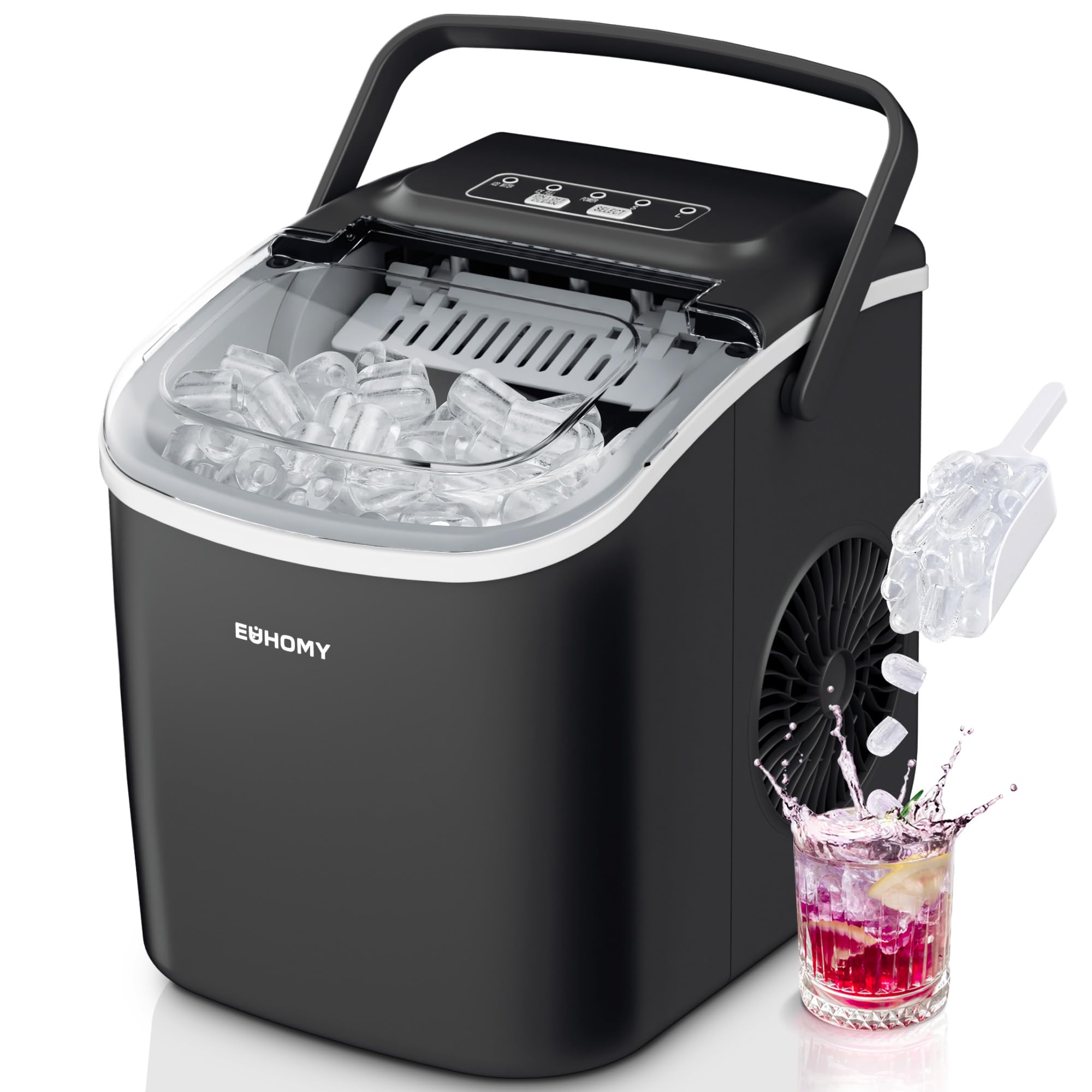 EUHOMY Eiswürfelmaschine Klein, 12KG Eiswürfelbereiter Ice Maker, 9 Würfel in 6 Minuten fertig, Schwarz Eiswürfelmaschine mit Tragbarem Griff, 12KG/24H, Selbstreinigendes Eiswürfelmaschinen