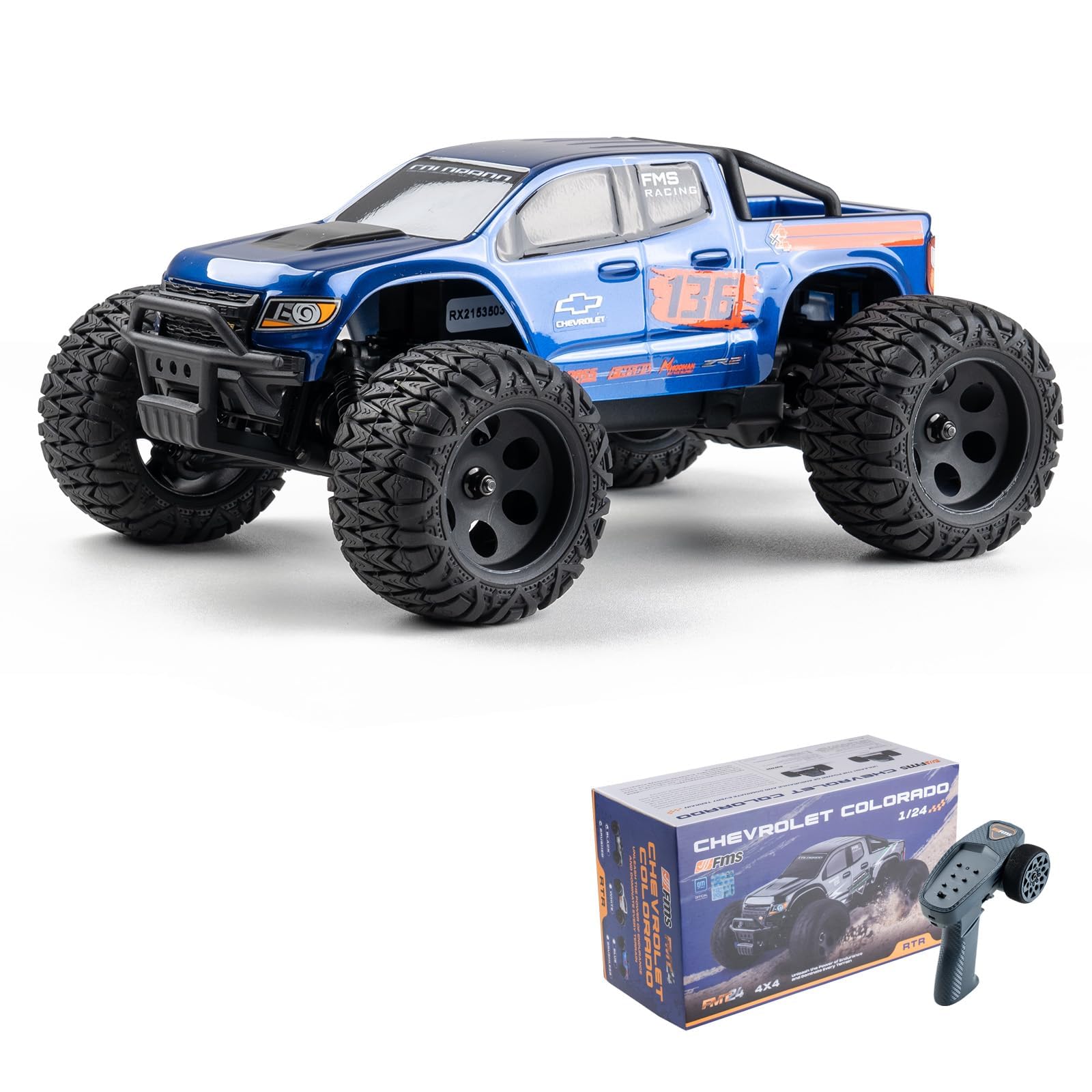 FMS FMT24 1/24 Chevrolet Colorado Brushed RC Truck RTR, Basher RC Cars, 4X4 Off-Road Hobby Grade Waterproof 2-Speed Switch RC Crawler with 370 Motor for Adults (Blue)