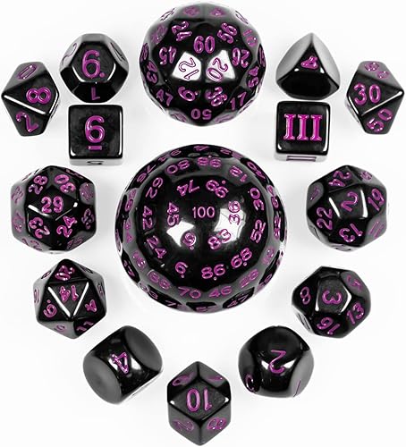 Miniatura 9 de Poludie Juego completo de 15 dados poliédricos DND D3-D100 con bolsa de dados de ojo de dragón, dados D100 para juegos de mesa RPG (negro con