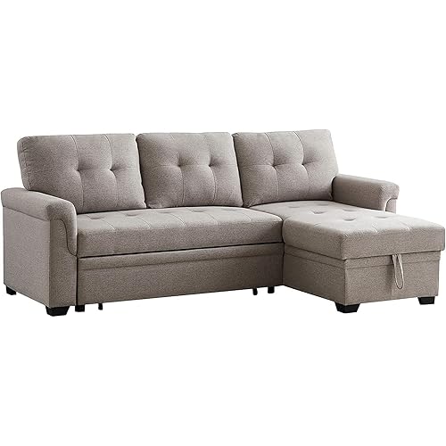 Comfortable Sofa Lucca Light Gray Linen Reversible Sleeper Sectional Sofa with Storage Chaise