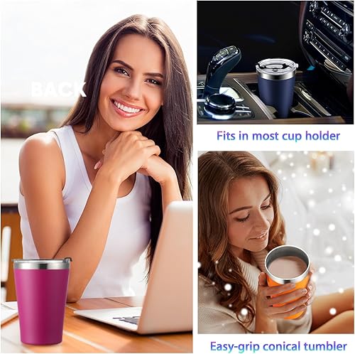 Miniatura 7 de Paquete de 16 vasos de acero inoxidable de 12 onzas a granel con tapas, vasos pequeños aislados al vacío de doble pared, tazas de café con