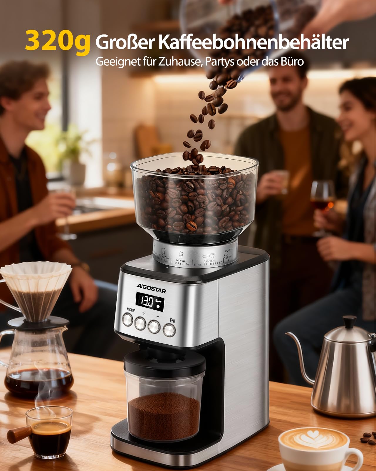 Aigostar Elektrisch Kaffeemühle mit 52 Mahleinstellungen, Kegelmahlwerk Geeignet für Espresso, Professionelle Elektrische Kaffeemühle mit Präzisem Digital Display, Edelstahl Coffee Grinder, Silber