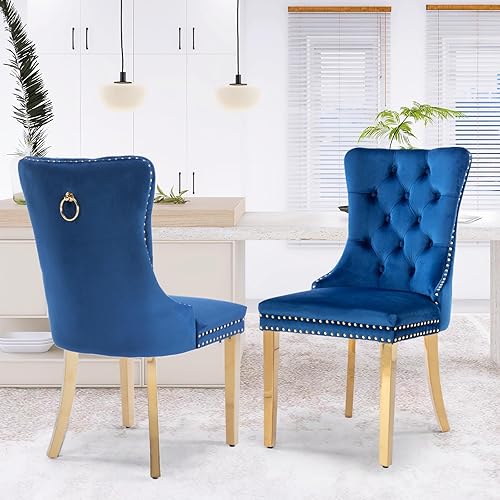 Miniatura 146 de Juego de 6 sillas de comedor de terciopelo, sillas de comedor tapizadas acolchadas con ribete de tachuelas y patas de madera maciza para cocina,