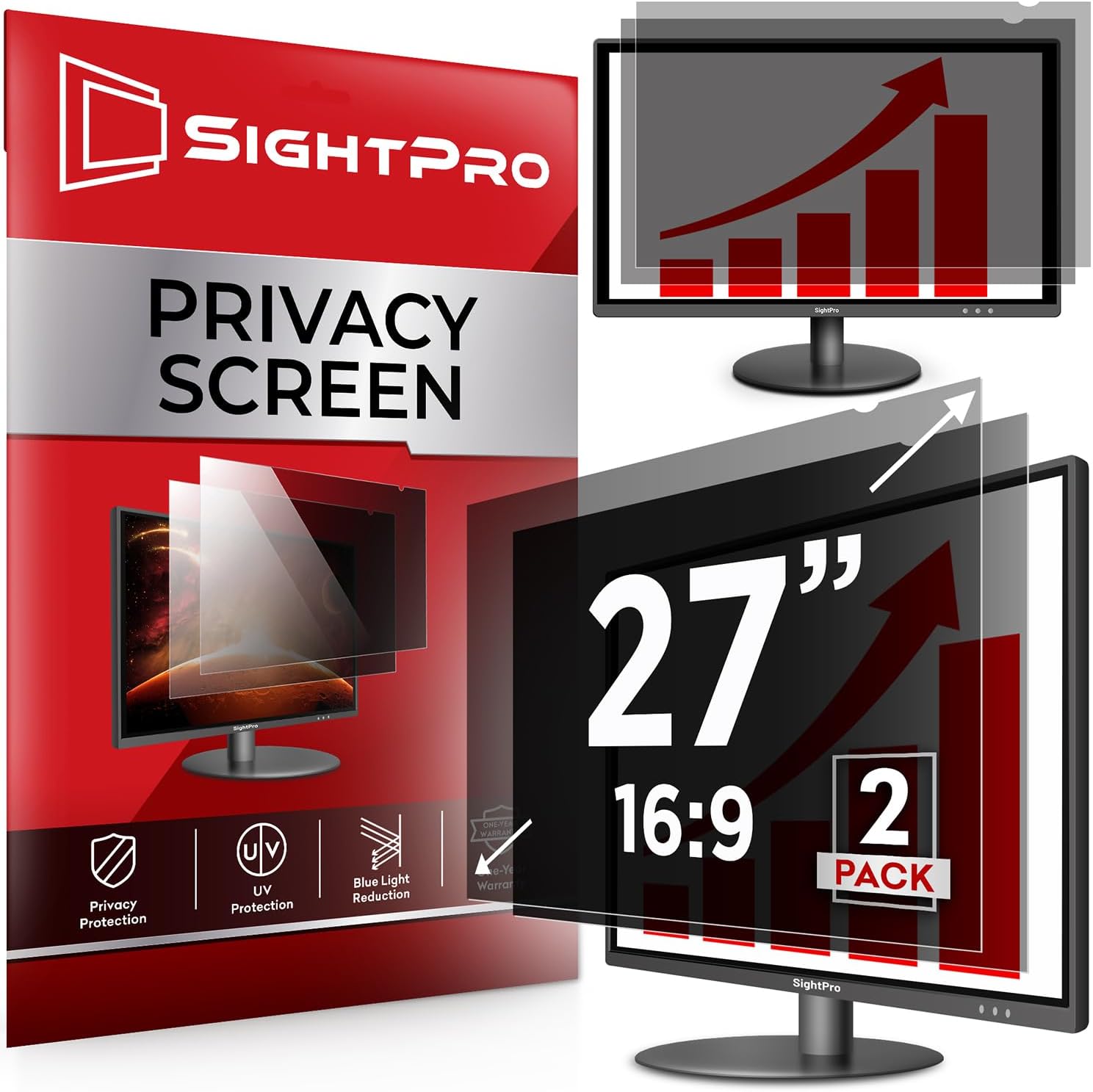 SightPro 27インチ 16:9 [2パック] コンピュータープライバシースクリーンフィルター モニター用 - プライバシーシールドとアンチグレアプロテクター