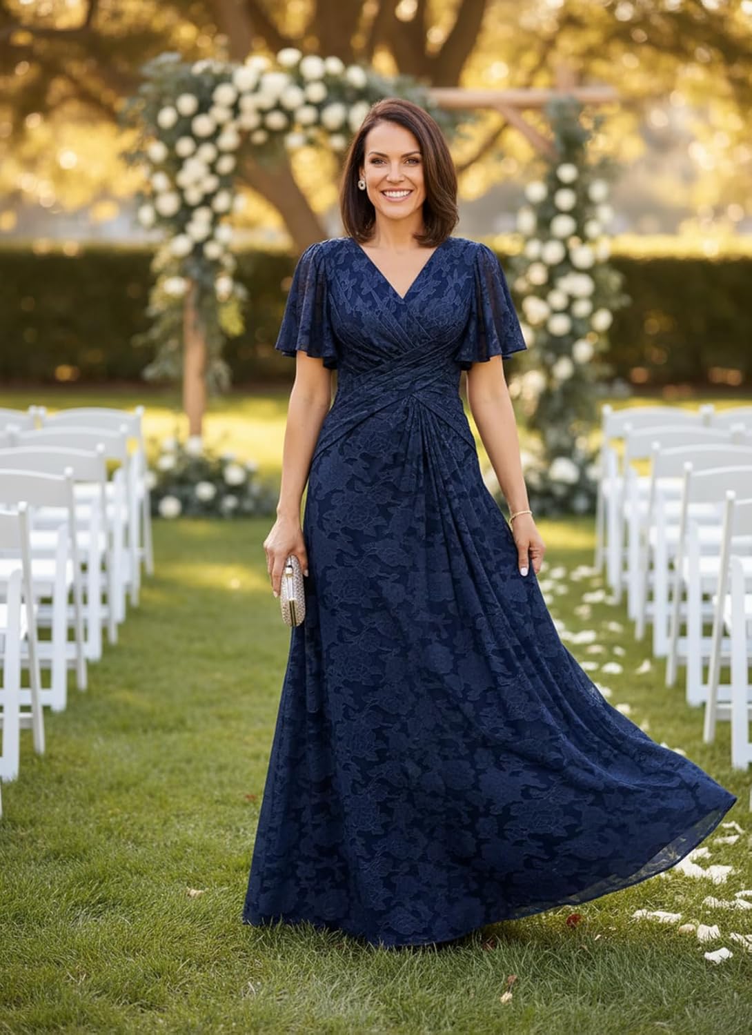 Jacquard Floral Mother of The Bride Dresses Short Sleeve Maxi Evening Gown A-Line Ruched Formal Wedding Guest Dress