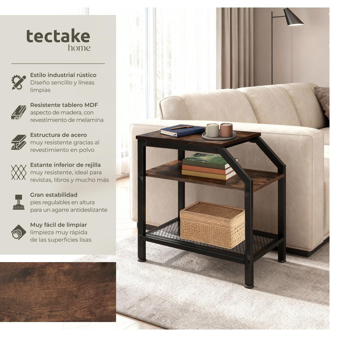 tectake® Mesa Auxiliar Madera y Acero, 2 Estantes, Mueble Auxiliar Salon, Dormitorio y Oficina, Decoracion Hogar, Mesitas de Noche - 58,5 x 36,5 x 59,5 cm Madera Industrial Oscura, Rústica