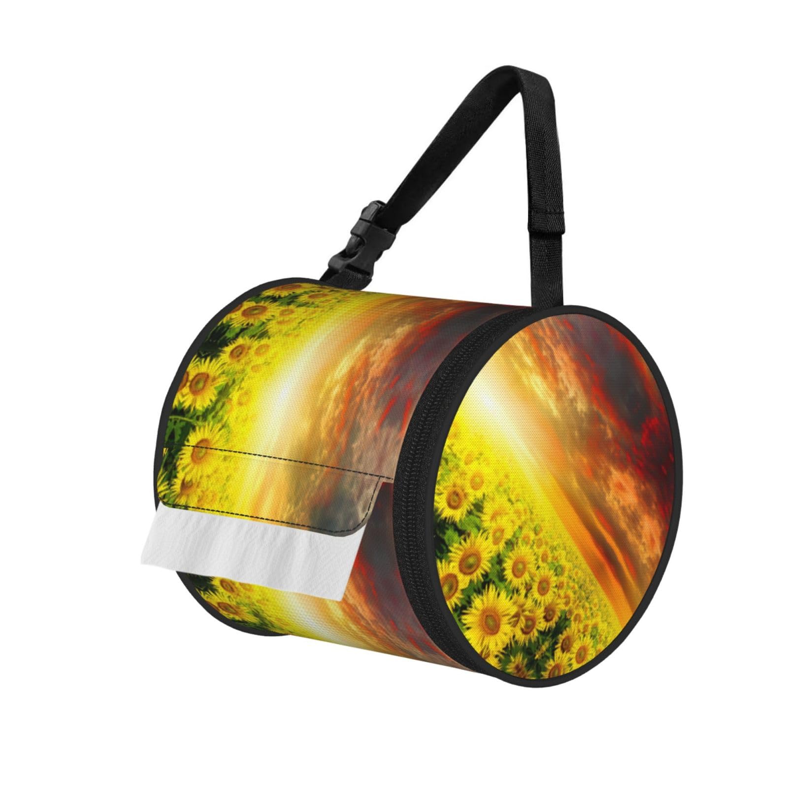 Dreamlike Sunset Of A Sunflower Field Print Round Tissue Dispenser Bag With Carry Strap, Portable Roll Holder For Car Travel Home