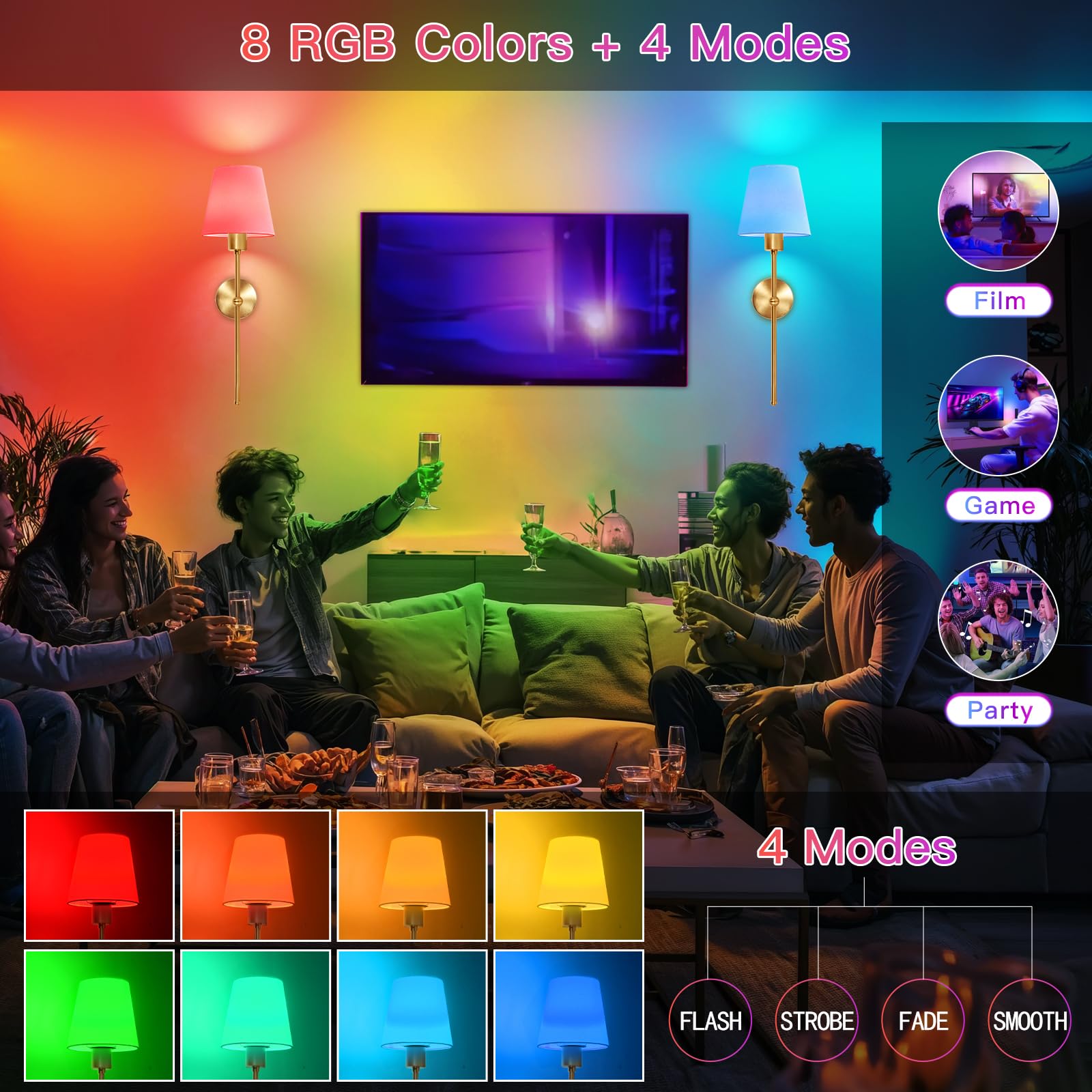Ketom Lot de 2 Applique Murale Intérieure Rechargeable RGB Dimmable Sans Fil avec Télécommande, Abat-jour en Tissu Blanc Doré