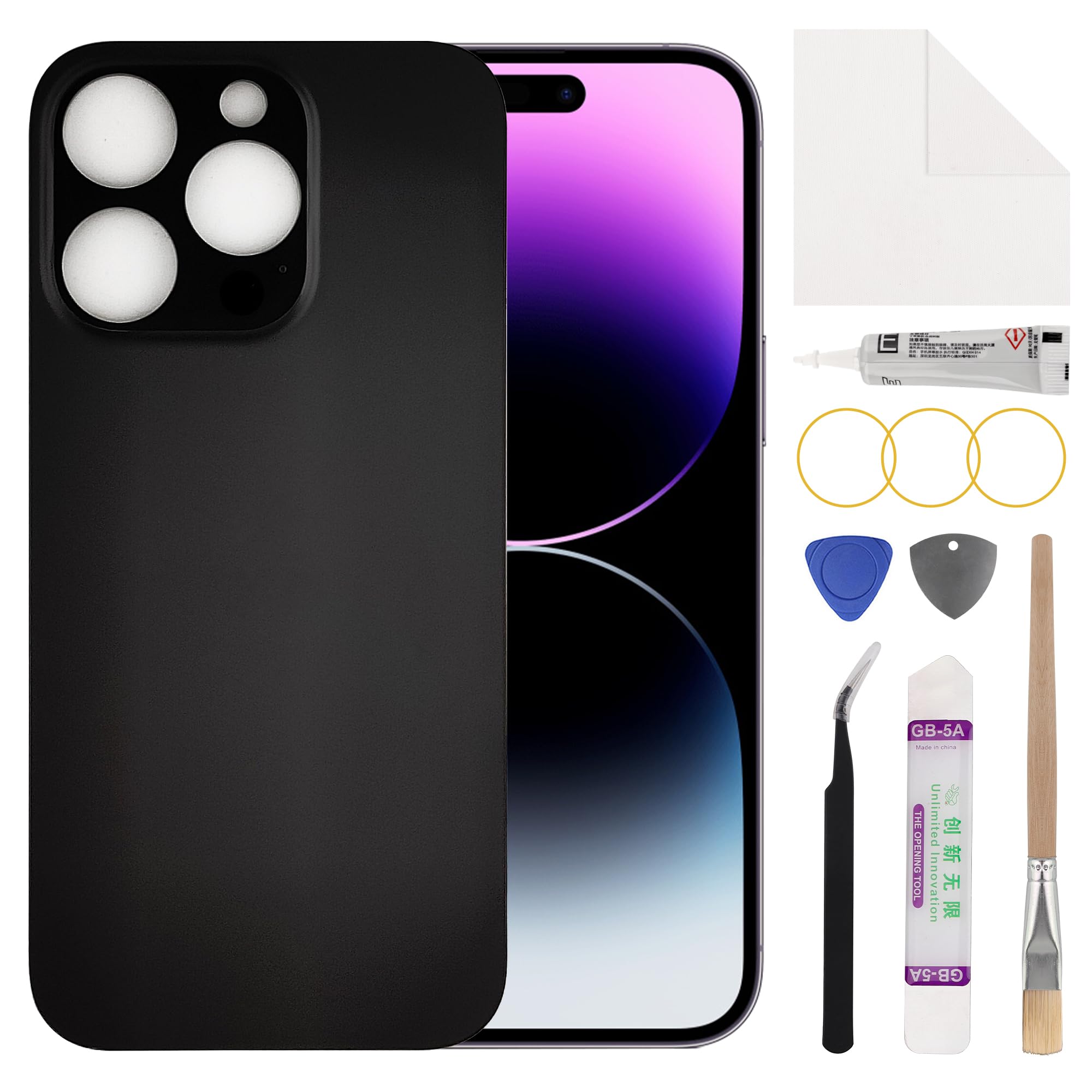 Duotipa [Big Camera Hole] New Rear Back Cover Replacement for iPhone 14 Pro with Technical Repair Tools Kit-Black.