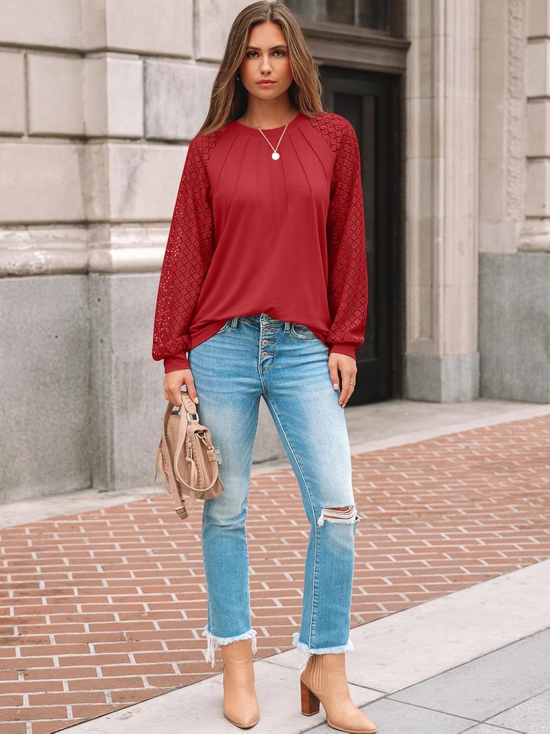  Womens Long Sleeve Shirts Lace Tops 2026 Fall Outfit Casual Blouse thumbnail
