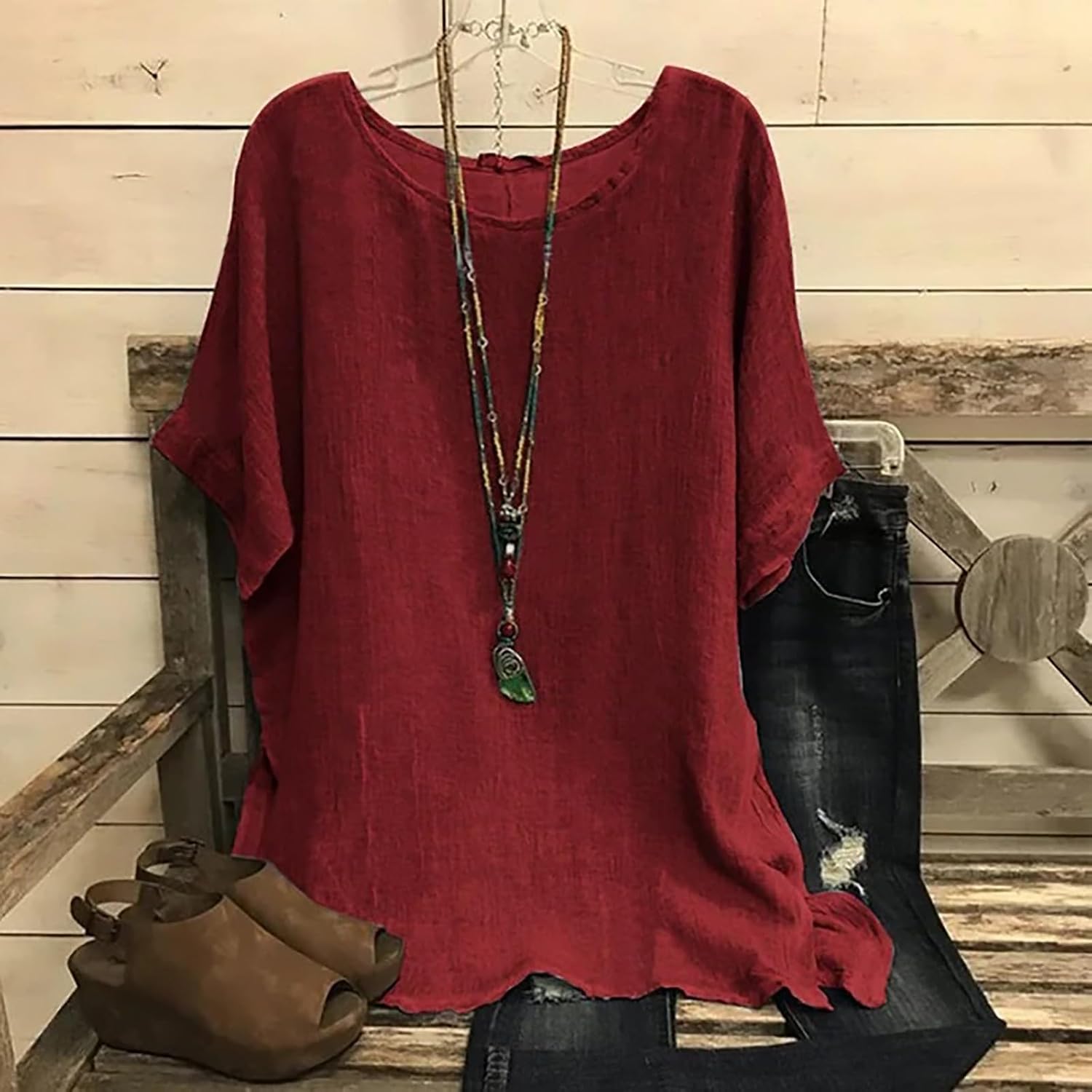 Linen Shirts for Women Summer 2025 Trendy Plus Size Crewneck Short Sleeve Cute Tops Casual Loose Fit Comfy Blouses
