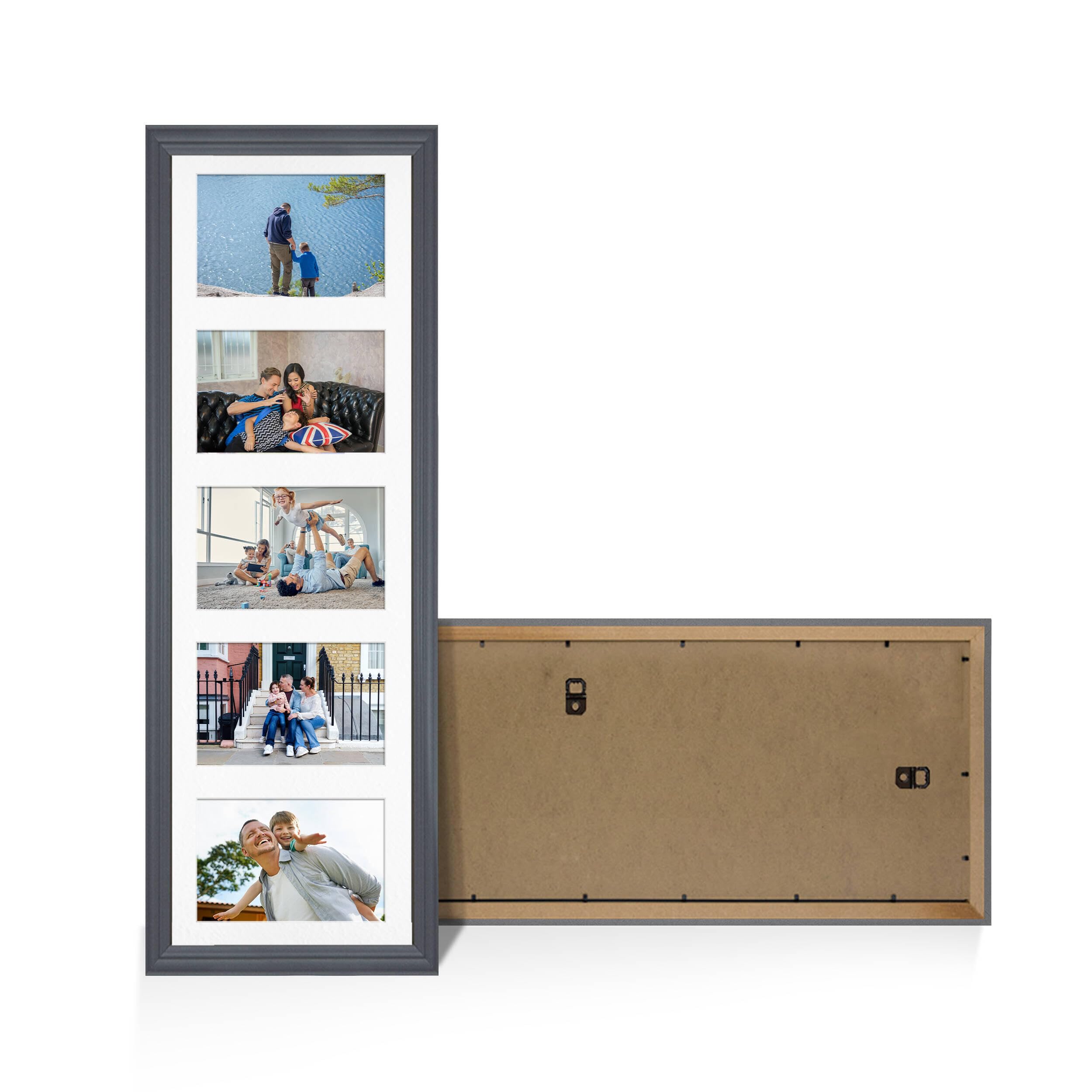 Alison Kingsgate Dark Grey 26x8 Photo frames for multiple pictures - 5 Apertures Collage Frame with White Mount - Holds (5x) 6x4 Photos - Engineered Wood & Perspex