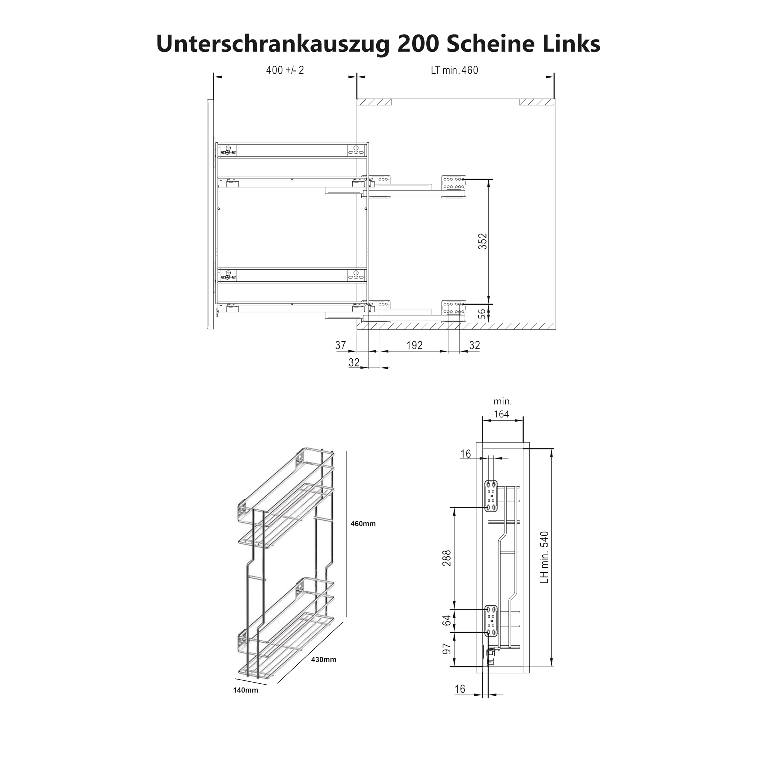 Unterschrankauszug Küchenauszug Schrankauszug mit Softclose Möbel 200mm ausführung Links Antrazit (200 Links)
