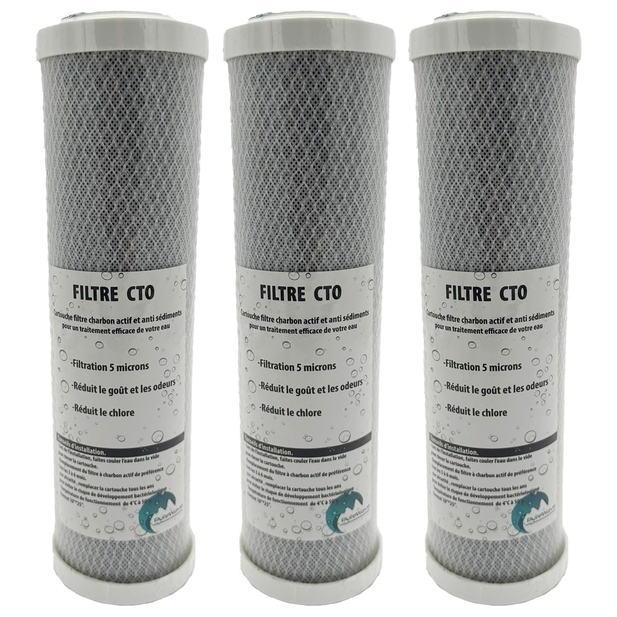 Desineo Lot de 3 Cartouches Charbon Actif + sédiment 5 microns pour Porte Filtre 10 Pouces