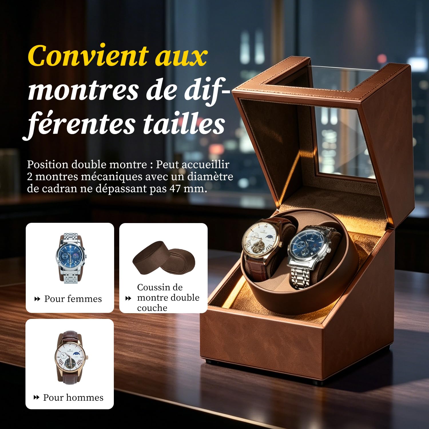 Double Remontoir de Montre avec lumière LED, Boîtes de Remontoir de Montre pour 2 Montres avec 5 Modes de Rotation Automatique et Chargement Type C USB – Marron