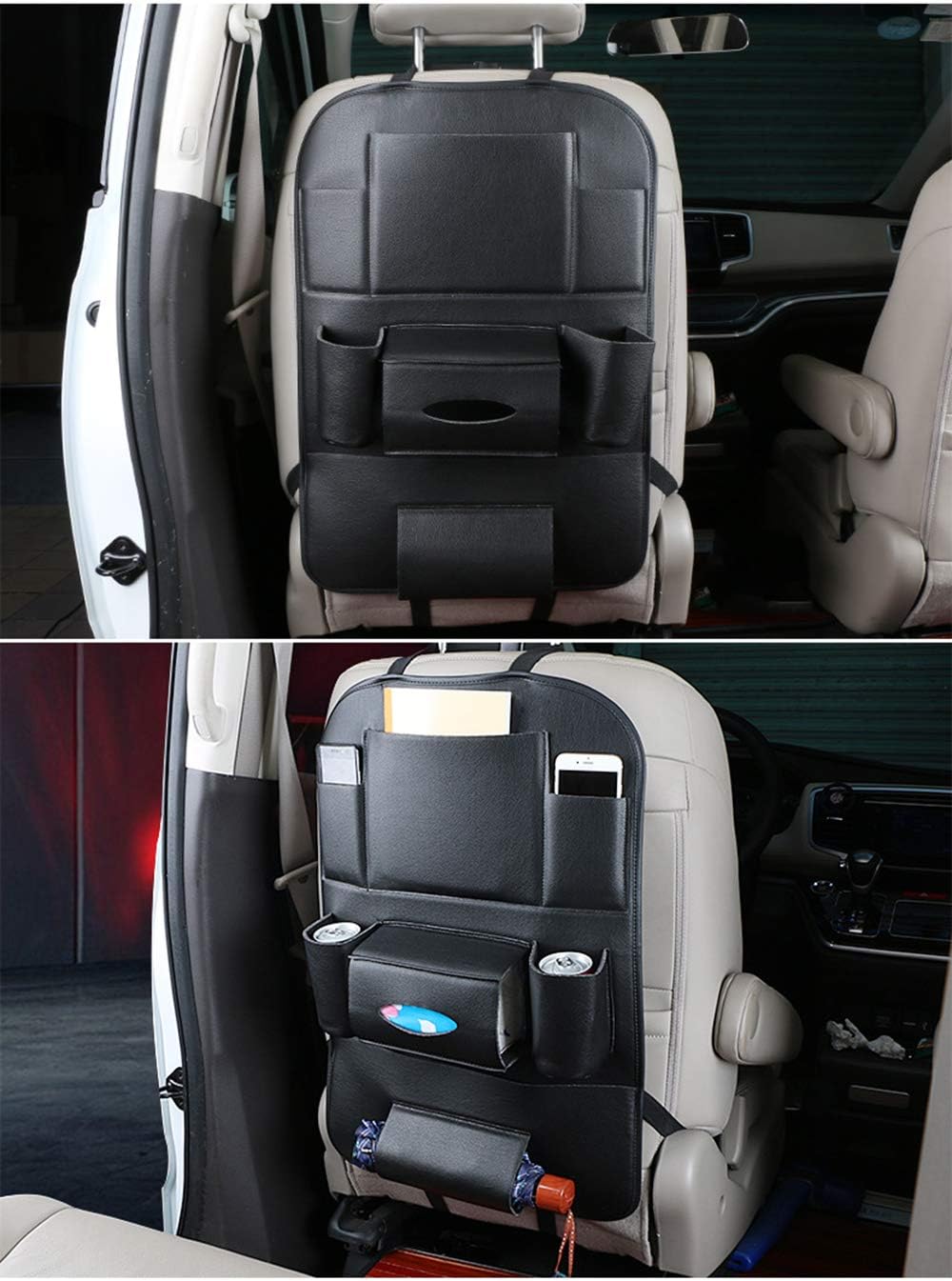 Car Backseat Organiser, PU Leather Backpack Car Seat Back Organizer with Large Multi-Pocket Travel iPad Bottles Storage and Tissue Umbrella Bag Pockets,Universal Car Seat Cover,1 Pack (Black)