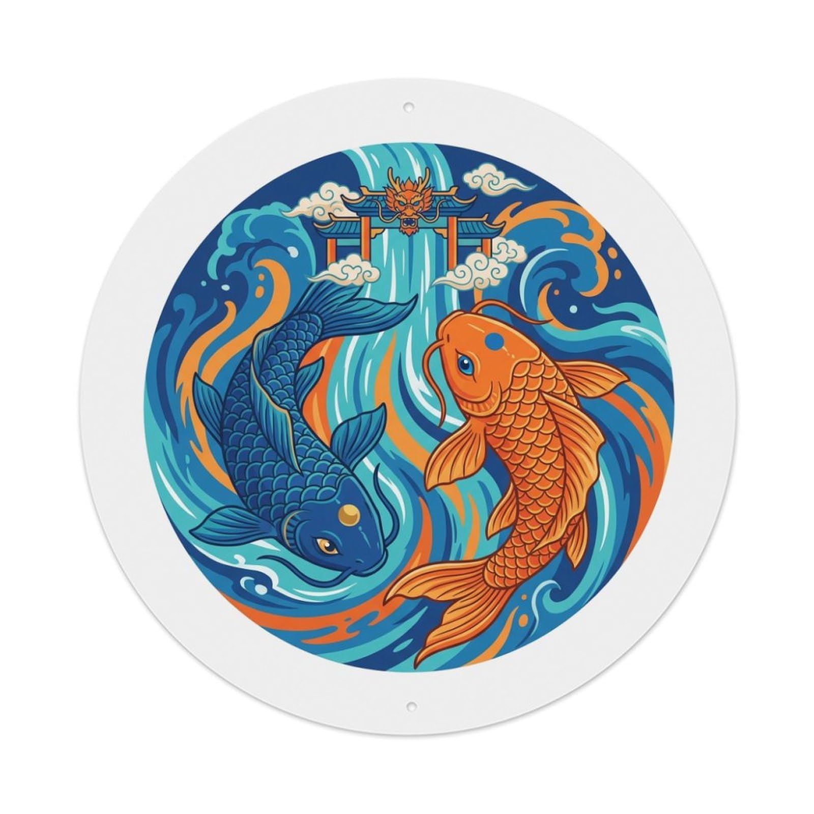 Metal Tin Sign Tai Chi Koi Fish Dragon Gate Waterfall